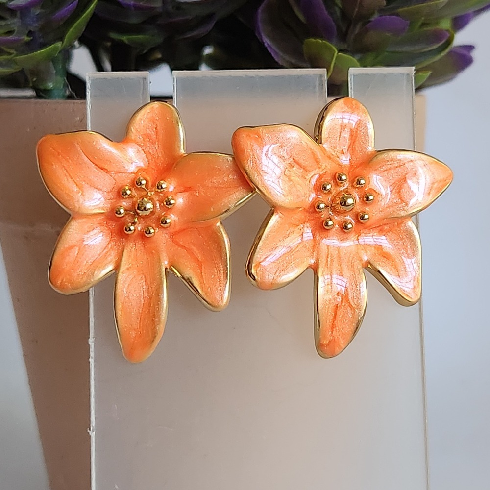Orange Enamel‎ Flower Stud Earrings Gold Tone Tropical Lily Floral Statement 1"